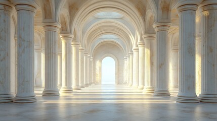 Long hallway with white columns arches and bright light at the end.
