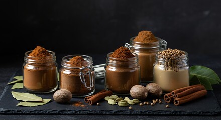 Assortment of Spices in Glass Jars on Slate Background