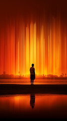 Fototapeta premium Solitude and Spectacle: A lone figure stands in quiet contemplation, gazing upon an awe-inspiring vista of vibrant light display, a powerful illustration of isolation and wonder.