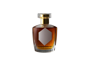 Elegant perfume bottle with a gold cap and amber liquid set against a marble surface, embodying luxury and sophistication with a blank label ready for branding
