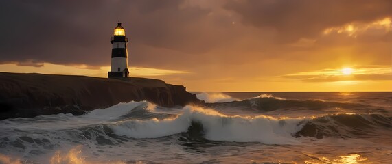 Weathered lighthouse standing tall against vibrant sunset sky waves crashing with rich golden reflections