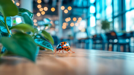 Ladybug's Perch: A vibrant ladybug rests near lush greenery, illuminated by soft bokeh in a tranquil indoor setting
