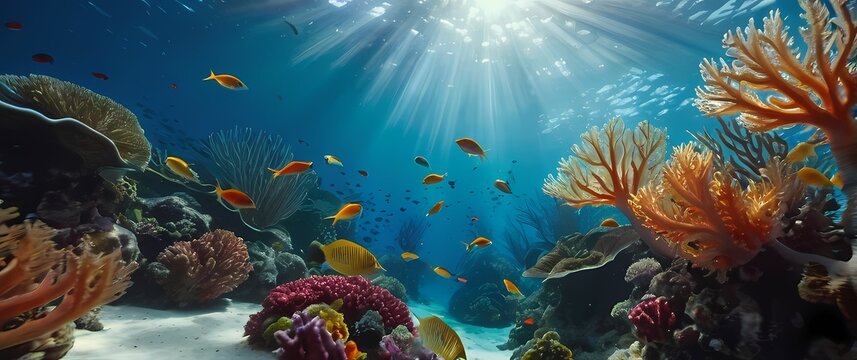 Vivid underwater coral scene with colorful fish swirling amid waving sea plants under bright sunlit surface