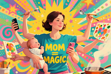 Mom=Magic: A vibrant illustration of a multitasking mother, showcasing the joys and challenges of motherhood with a touch of artistic flair. Mother’s Day