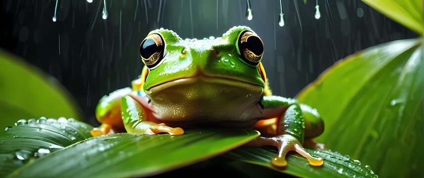 Vivid close macro of green tree frog blending among sunlit tropical leaves covered with rain droplets