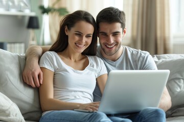 Happy mature mid age couple using laptop sit on sofa doing ecommerce shopping online on website. Smiling senior old adult man and woman looking at computer buying insurance browsing internet at home.