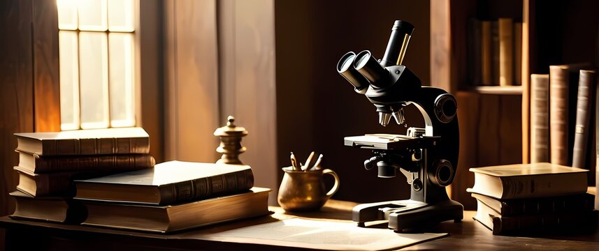 Vintage microscope and books on aged wooden desk under warm natural light highlighting educational theme