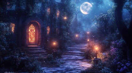 Ancient magical hallway with glowing runes and soft moonlight illuminating the path, anime style, nighttime