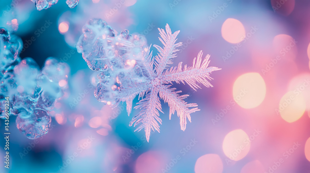 Poster winter concept: close-up of a beautiful snowflake with intricate crystalline structure against a sof