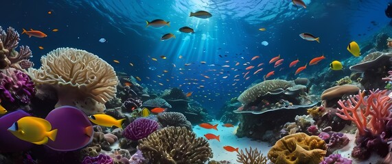 Vibrant coral reef panorama filled with colorful fish species weaving among waving anemones and sponges