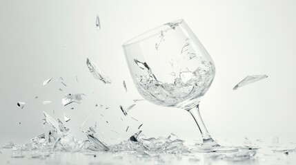 A single shattered wine glass, detailed edges, scattered shards, white background 