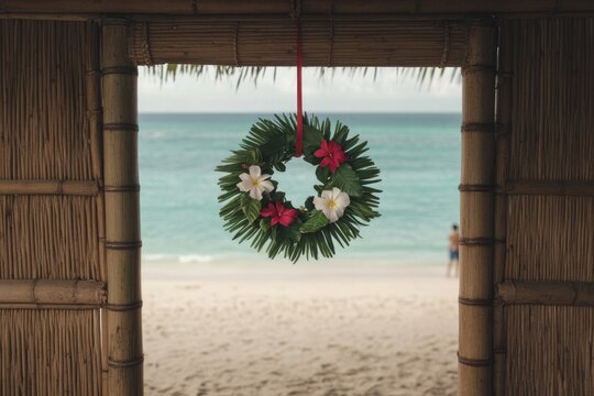 Wreath adorned with flowers hangs in doorway, framing serene bea