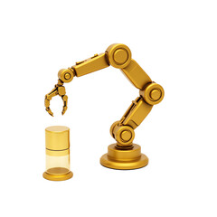 Golden robotic arm handling a transparent cylinder.