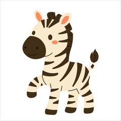 Flat style illustration of a cute cartoon zebra with a happy expression, lifting one hoof, ideal for childrens books, jungle-themed designs, and playful educational projects.