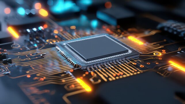 a computer chip on a circuit board with a blue and orange light effect background