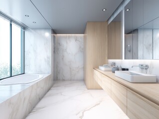 Fototapeta premium a modern bathroom interior design with a white marble wall and floor, a bathtub on the left side