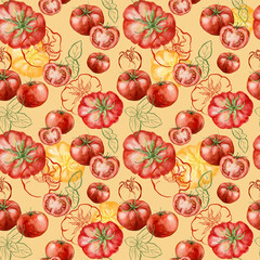 Watercolor vegetable seamless pattern of cherry and tomatoes. Hand-drawn garden harvest. Tasty food illustration for restaurant and cafe interior, veggie market drawing print, fabric, background.