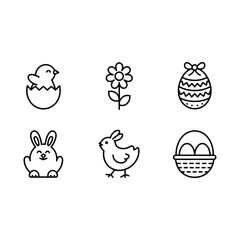 Easter Line Icons: A collection of charming line icons featuring an Easter egg, a cheerful chick, a blooming flower, a bunny, a basket filled with eggs. Each icon is meticulously crafted.