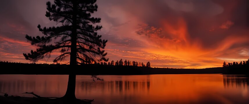 Sunset over tranquil lake reflecting fiery red and orange skies framed by dark silhouetted pine trees