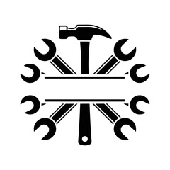 Tools Emblem: A symmetrical emblem featuring a hammer and wrenches, perfect for industrial, construction, or repair-related concepts.