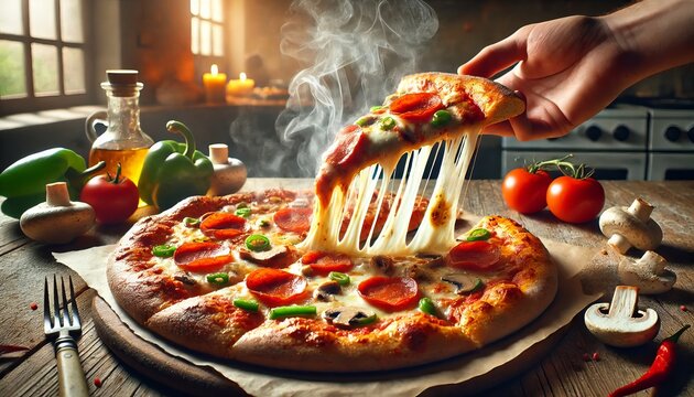 A hot, freshly baked pizza with a slice being lifted up, showing gooey, melted cheese stretching from the rest of the pizza. The crust is golden brown.