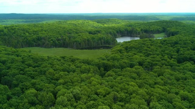 Flying over green forest and ponds in the wilderness during the spring. Sunlight filters through the clouds onto the vast forested area.