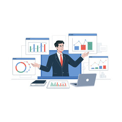 Analyzing Charts and Data: A sharply dressed individual in a suit is deeply engrossed in data analysis, surrounded by dynamic charts, visualizing the intricate world of statistics and market trends