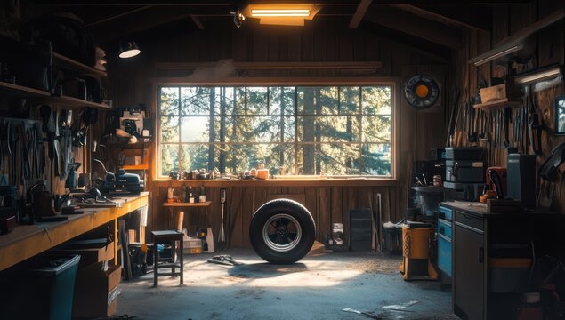Rustic Workshop Serenity: A sunlit haven of tools and craftsmanship, nestled amidst a tranquil forest backdrop.