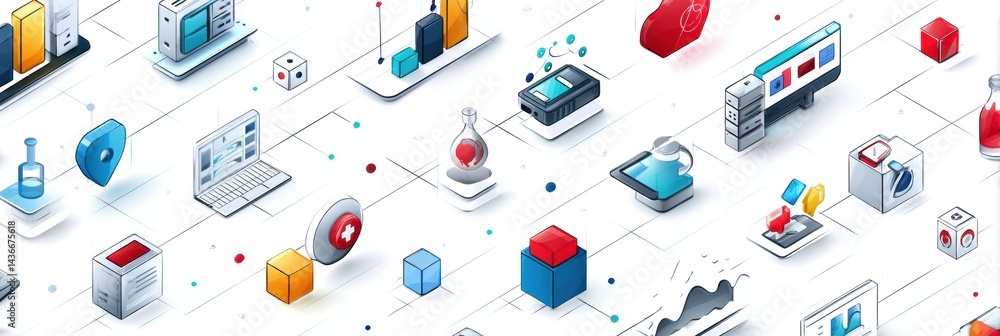 Poster isometric digital symbols and icons on a clean grid background representing technology and innovatio