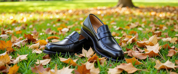 Sleek black loafers resting on autumn leaves in tranquil park, style
