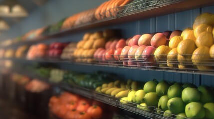Shelves with fresh fruits and vegetables in the background