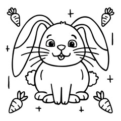 Obraz premium Adorable happy bunny rabbit with carrots illustration pet art cute kids icon black white sweet funny