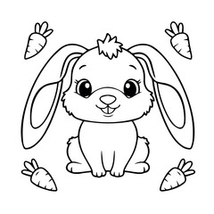 Obraz premium Adorable cartoon bunny rabbit with carrots coloring page illustration fun pet cute kids line ears
