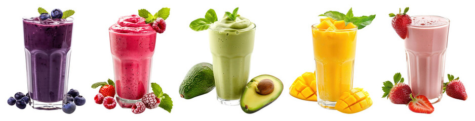 PNG Colorful fruity smoothies, refreshing delight, element set on transparent background