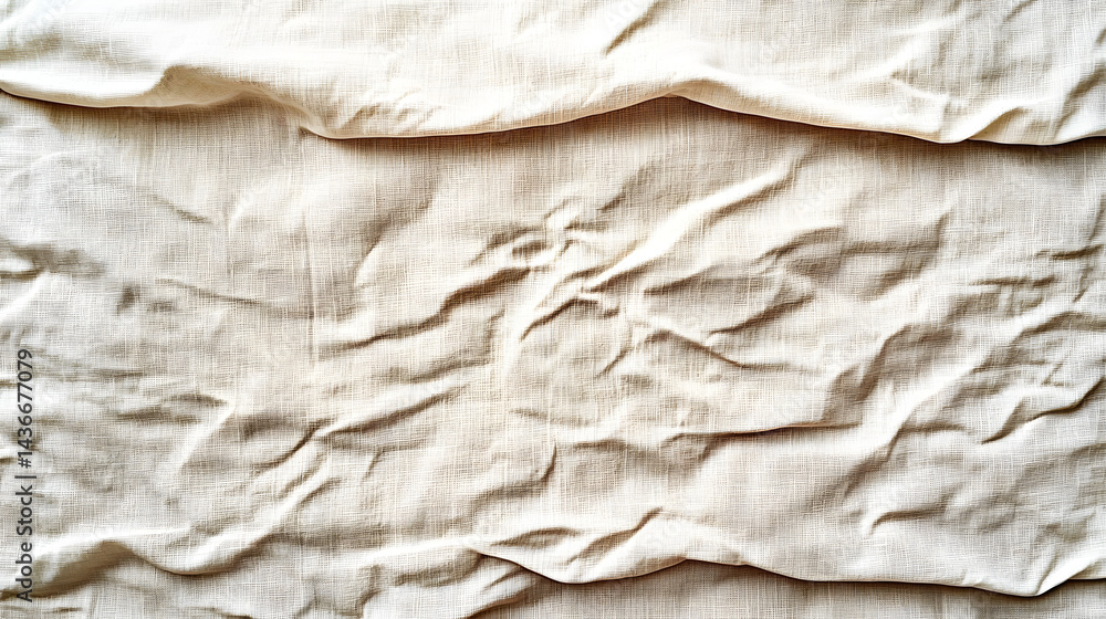 Poster a textured, wrinkled fabric surface in light beige tones, showcasing intricate patterns and subtle v