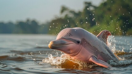 Fototapeta premium Rare pink river dolphin emerging from the Amazon River sunlight reflecting off its smooth skin cinematic wildlife shot
