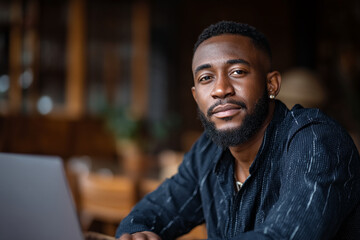 Close-up portrait of a young Black man, serious expression, dark shirt, blurred cafe background, conveys professionalism, confidence, and focus