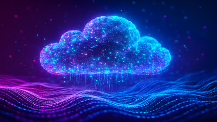 Glowing digital cloud composed of neon particles floats above vibrant wave of blue and purple light, creating futuristic tech scene