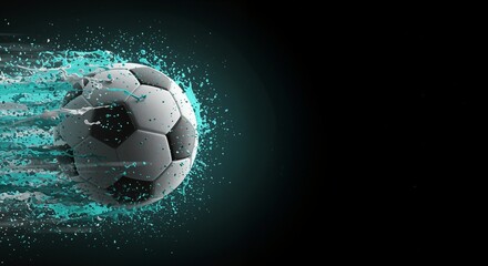 Dynamic soccer ball splashing through water, conveying energy and excitement against a dark background