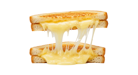 A gooey grilled cheese sandwich pulls apart exposing the melted cheese in dramatic fashion.