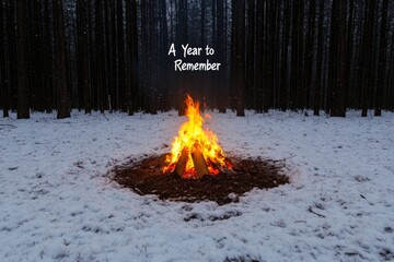 Warm fire glows brightly against snowy landscape, evoking memori