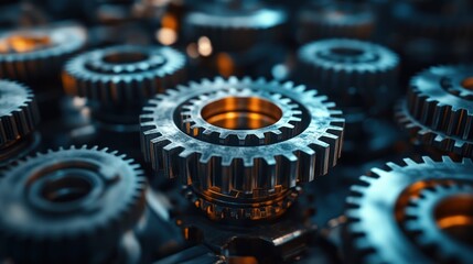 Close-up of interlocking metal gears machinery parts with intricate details and metallic colors.