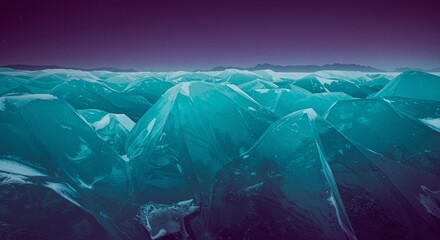 Captivating icy landscape with shimmering blue peaks, evoking a sense of tranquility and wonder under a twilight sky