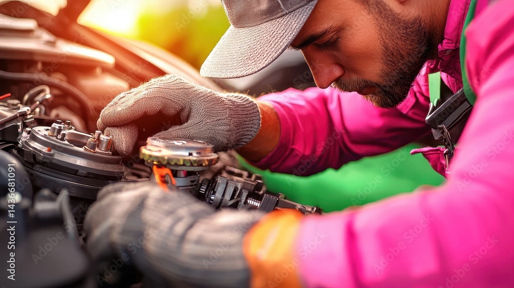Poster focused mechanic repairs engine component closeup view of hands using tools on auto part