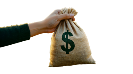 A hand holds out a dollar money bag on a background of a farm field. Lending farmers and agricultural enterprises for purchase land and seed material, equipment modernization Support and subsidies