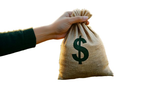 A hand holds out a dollar money bag on a background of a farm field. Lending farmers and agricultural enterprises for purchase land and seed material, equipment modernization Support and subsidies