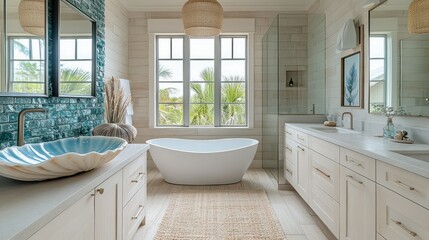 Luxurious coastal bathroom interior.