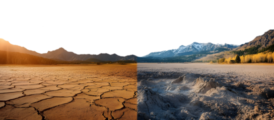 Visualizing climate change impacts, juxtaposing thriving landscapes with arid, cracked earth signifying drought and environmental transformation showcasing the contrast