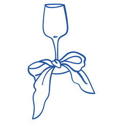 Hand-drawn glass with a bow illustration in blue color. Part of big Mediterranean collection, perfect for product, event, party, wedding design or menu