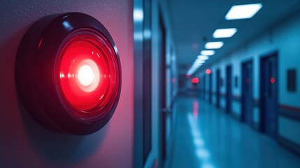 Fototapeta premium Red emergency light on wall in hospital hallway with doors in background.
